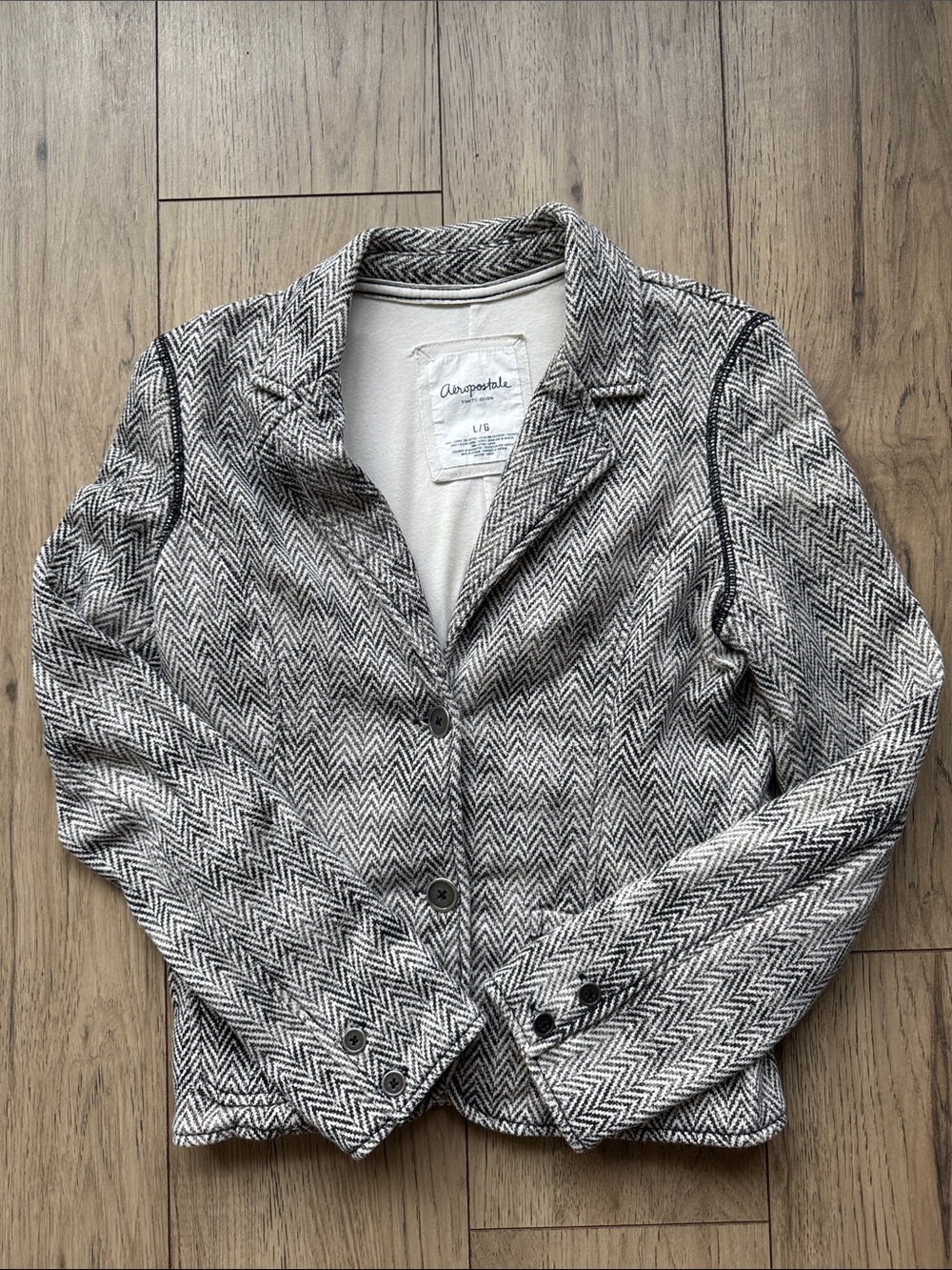 Aeropostale Women’s Large Herringbone Knit Blazer Black Gray White Two Button